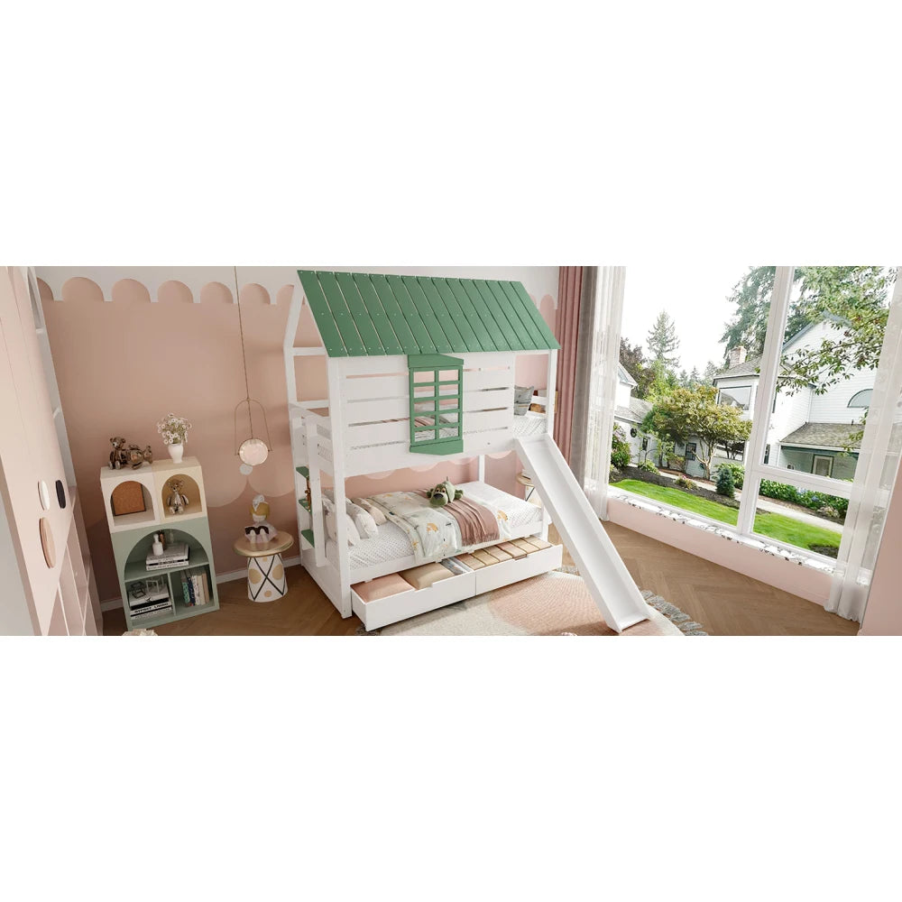 90X200 White and Green Bedroom Bunk Bed with Slide and Pull-Out Bed,without A Mattress