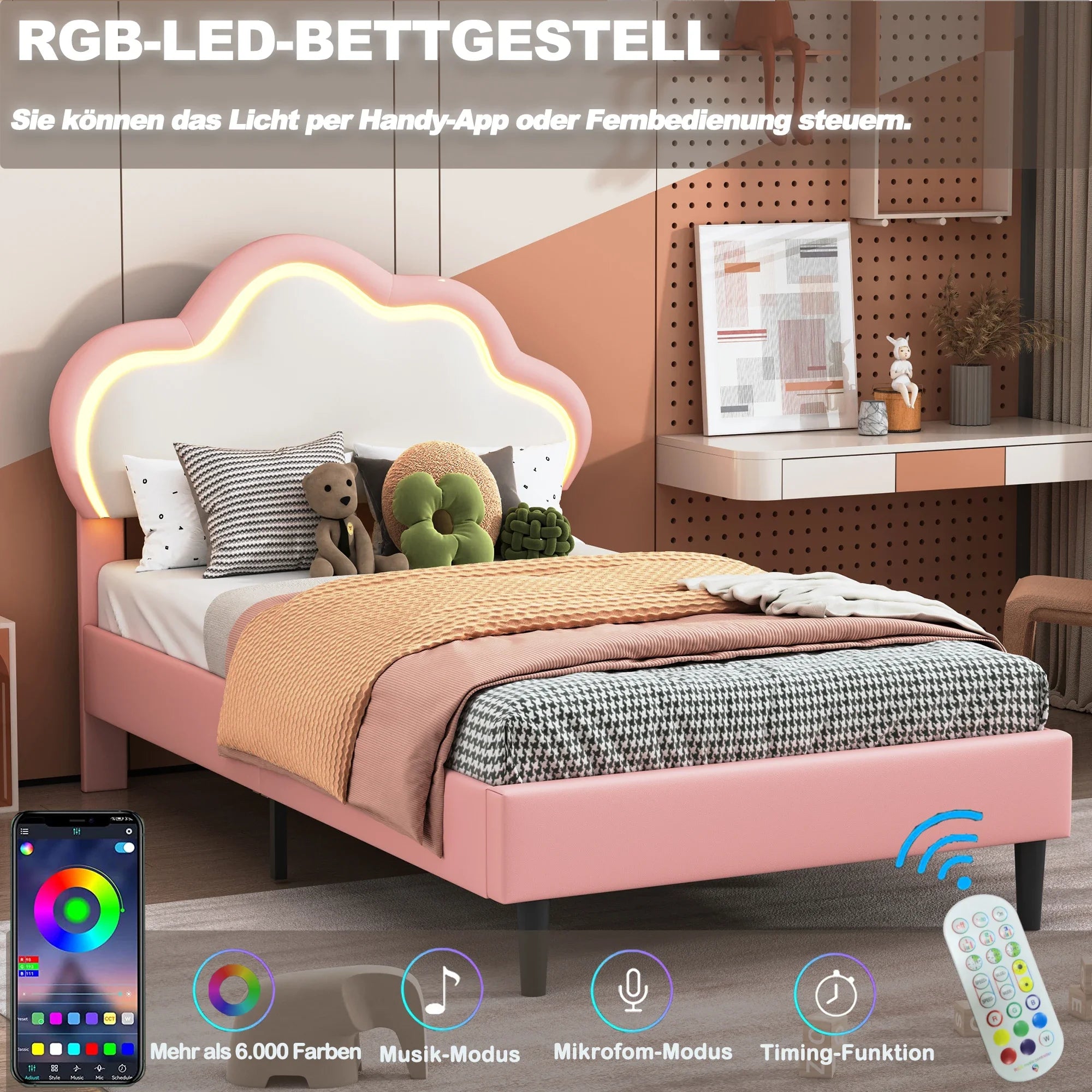 Children's Single Bed 90x200cm Upholstered bed for girls with LED,height-adjustable headboard in clouds shape,slatted Frame,PU