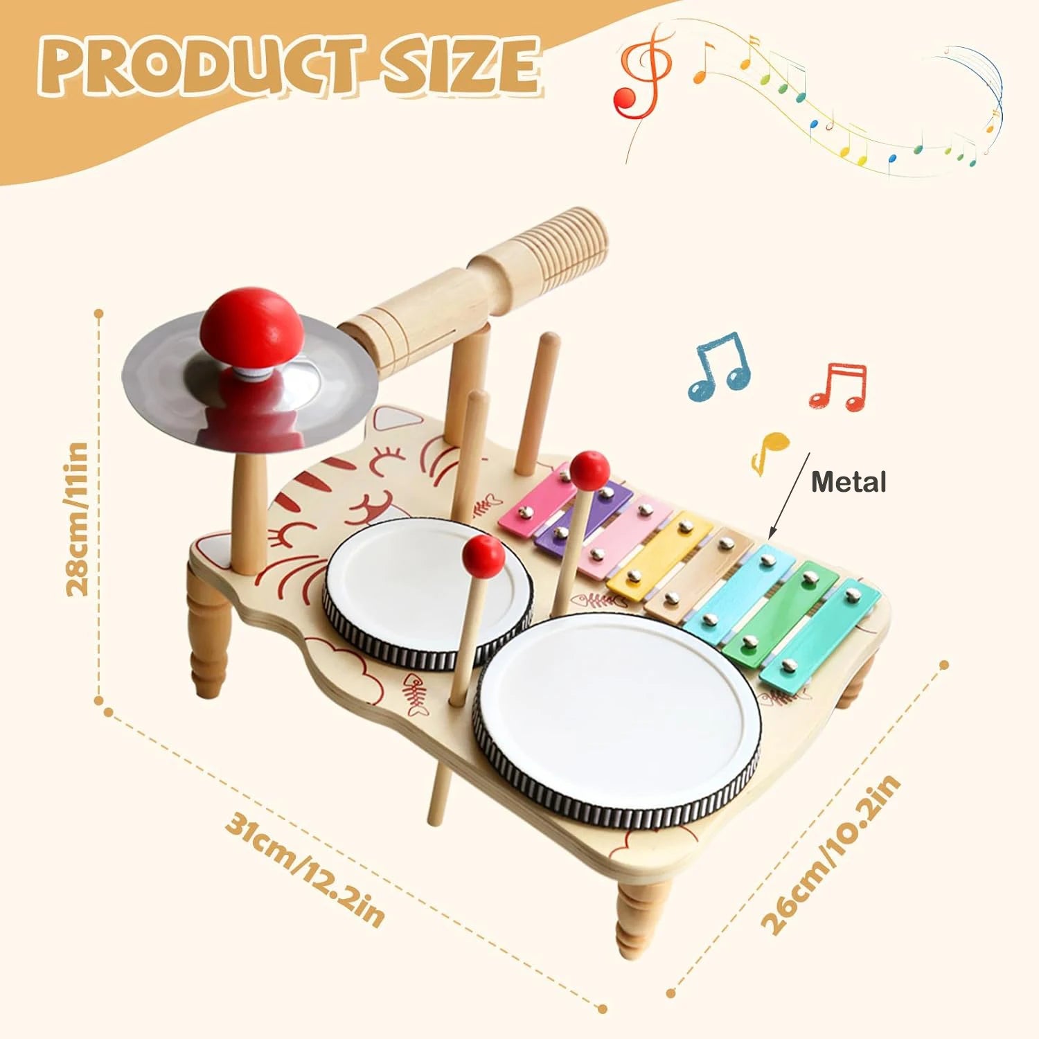 10-in-1 Wooden Musical Toy Drum Set and Xylophone