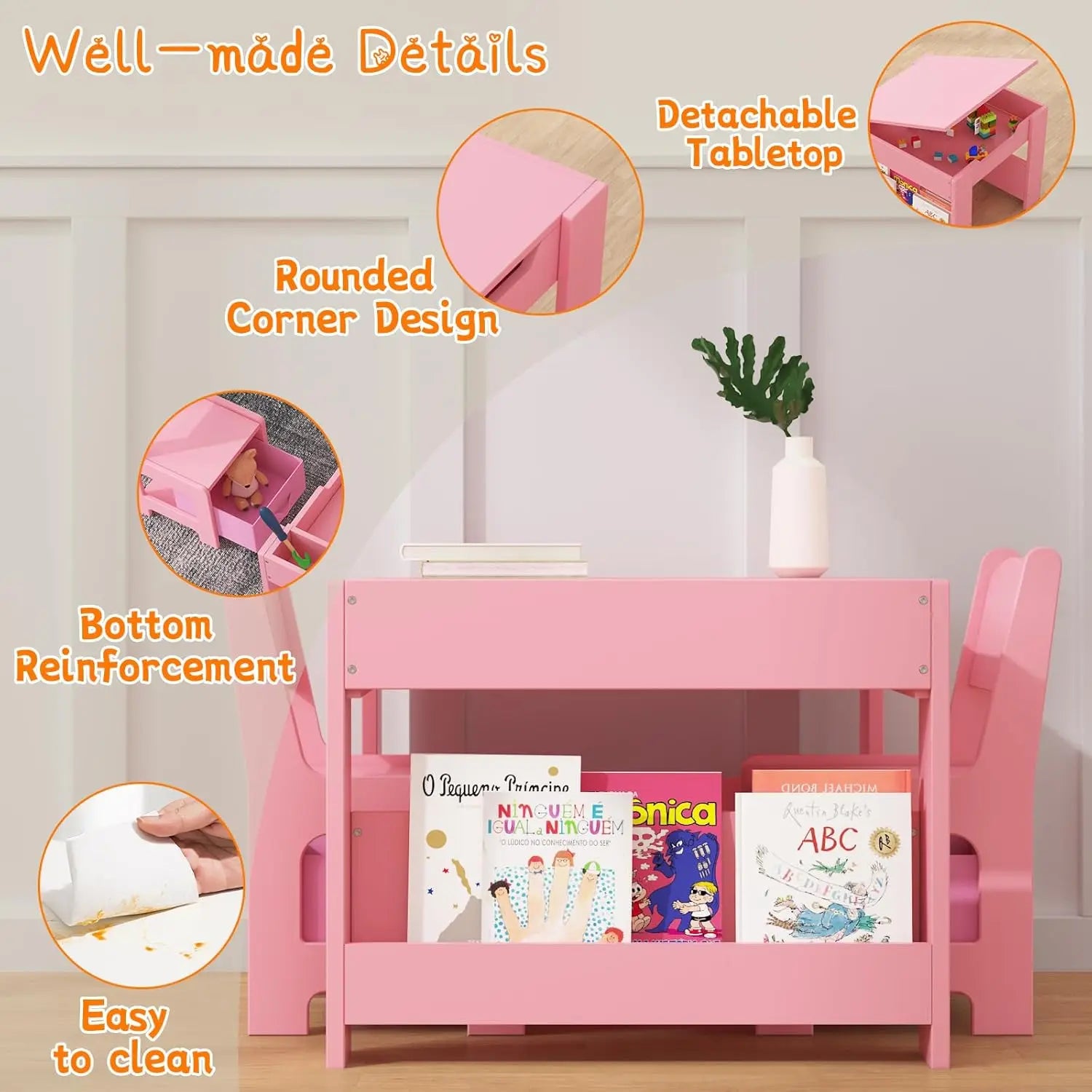 Multifunctional 4-in-1 Kids Table and Chair Set: Activity Desk with 2 Chairs, Removable Tabletop, Storage Drawers & Bookshelf, Ideal for Painting, Crafting, Reading & Playing, Toddler Playroom Furniture, Sturdy Design, 3PCS