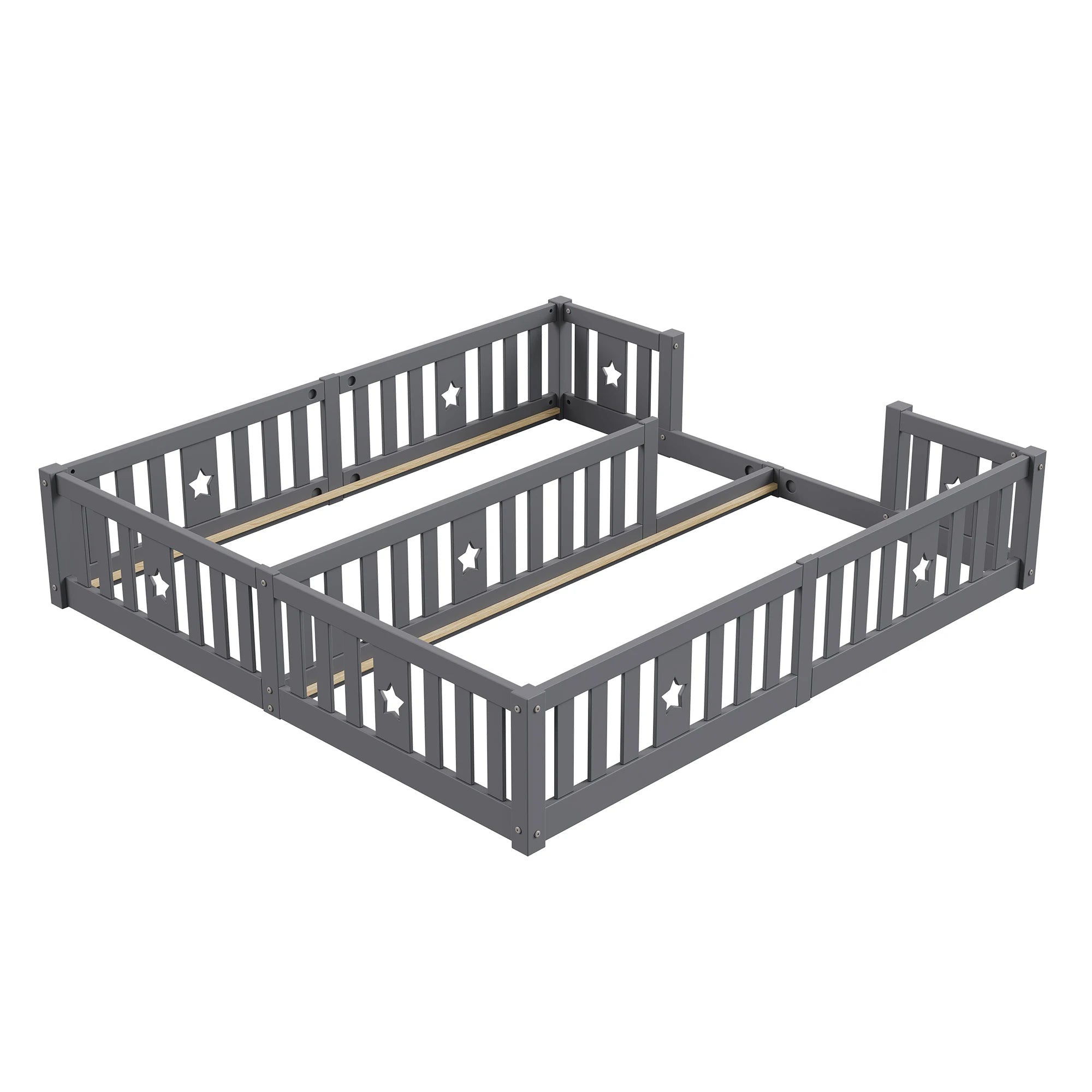 Rosahqnda Solid Floor Bed 180x200cm,Children's Bed with Slats & Star Pattern,Modern Kids Room Furniture,White/Gray