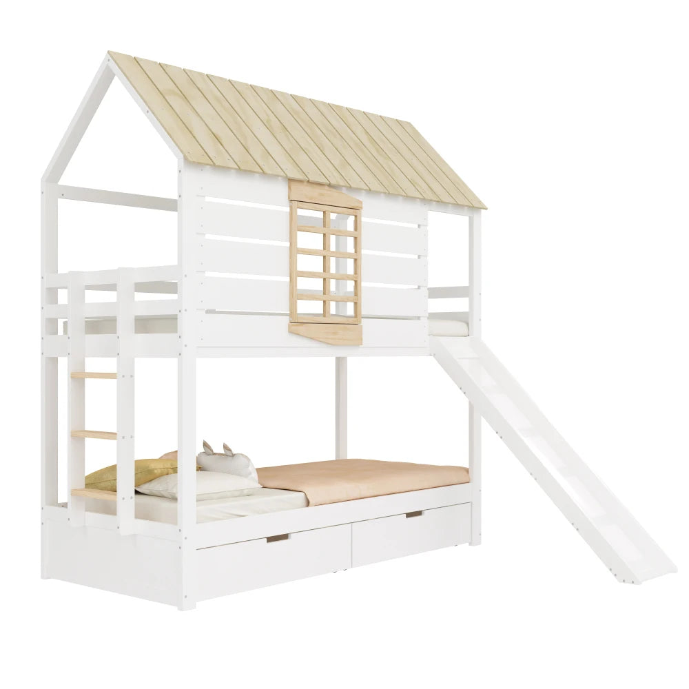 90X200 White and Green Bedroom Bunk Bed with Slide and Pull-Out Bed,without A Mattress