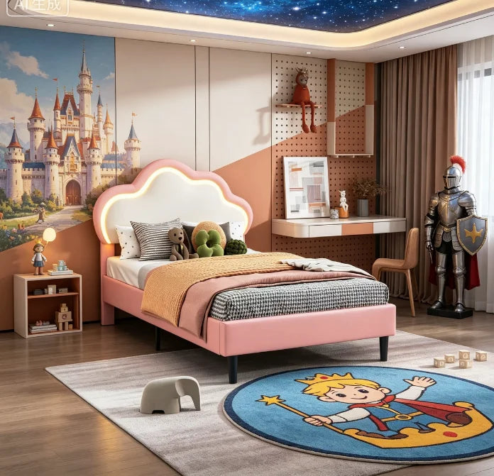 Children's Single Bed 90x200cm Upholstered bed for girls with LED,height-adjustable headboard in clouds shape,slatted Frame,PU