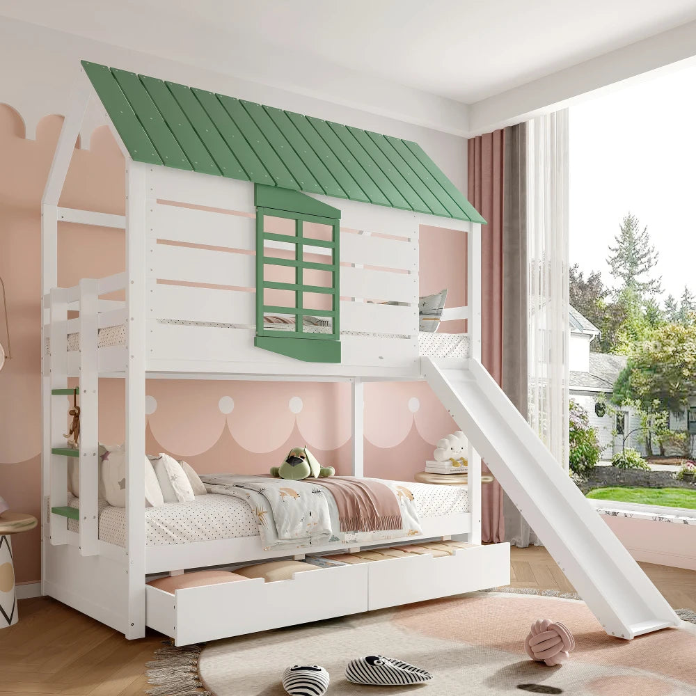 90X200 White and Green Bedroom Bunk Bed with Slide and Pull-Out Bed,without A Mattress