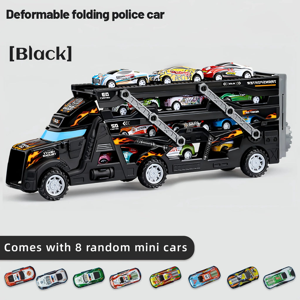 Transforming truck toys and launcher tracks, police-themed, foldable storage, randomly shipped mini cars, interactive party game