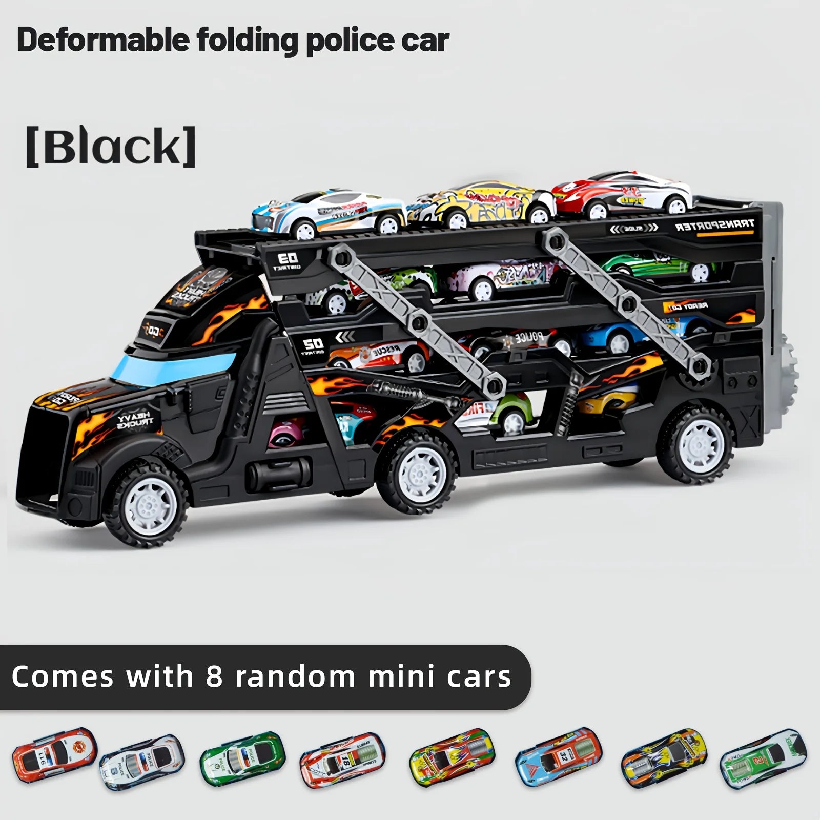 Transforming truck toys and launcher tracks, police-themed, foldable storage, randomly shipped mini cars, interactive party game