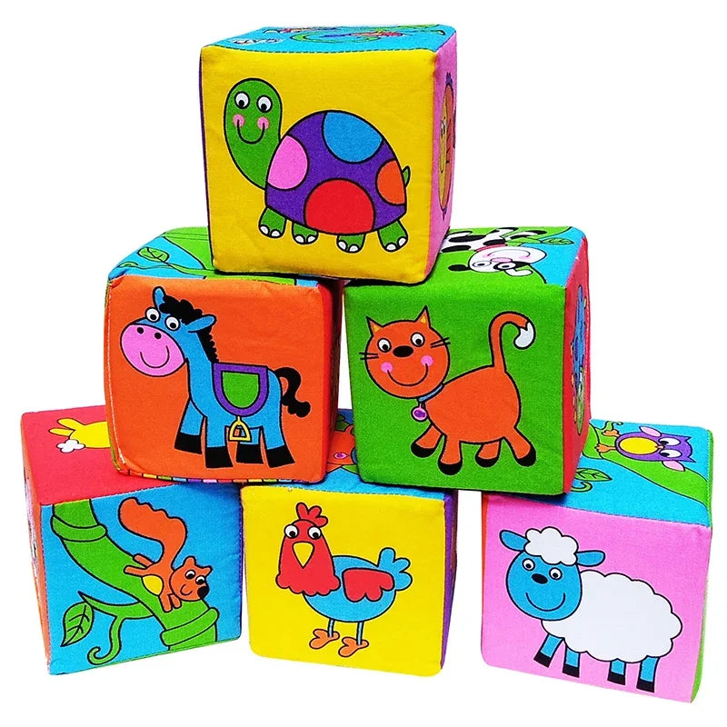 Montessori Infant Soft Plush Rattle Blocks - Animal & Number Dice