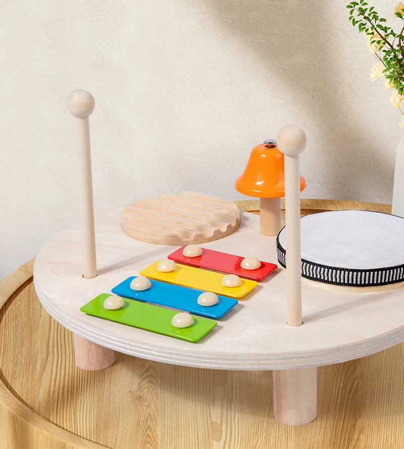 10-in-1 Wooden Musical Toy Drum Set and Xylophone