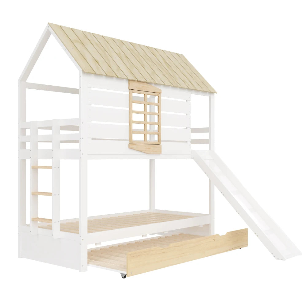 90X200 White and Green Bedroom Bunk Bed with Slide and Pull-Out Bed,without A Mattress