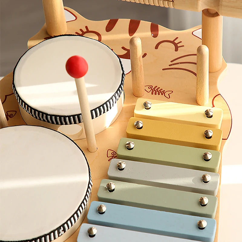 10-in-1 Wooden Musical Toy Drum Set and Xylophone