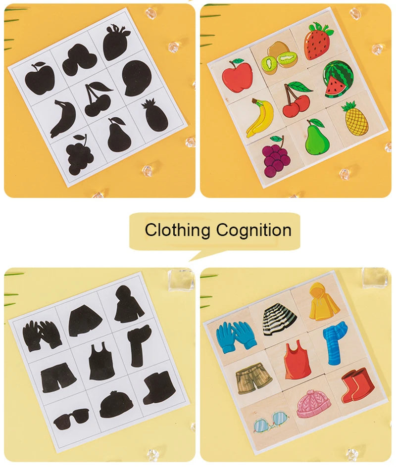 Wooden Montessori Shadow Matching Puzzle - Animal & Fruit Shape Toy