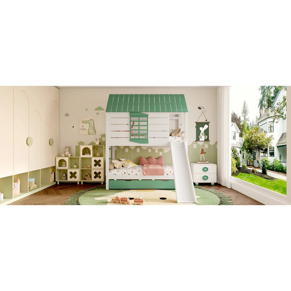 90X200 White and Green Bedroom Bunk Bed with Slide and Pull-Out Bed,without A Mattress