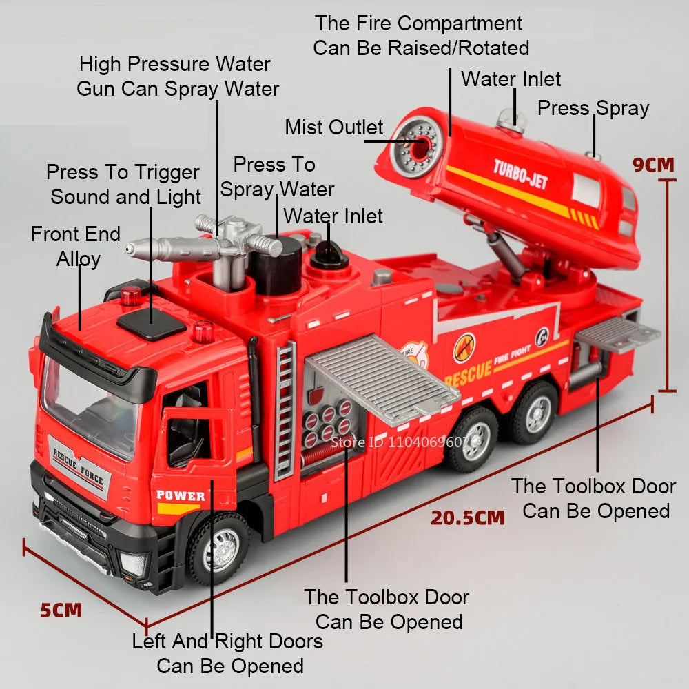 1:32 Alloy Model Toy Spray Fire Engine Cars Metal Diecast Water Spray Engineering Vehicle Doors Opened Sound Light Boys Gifts