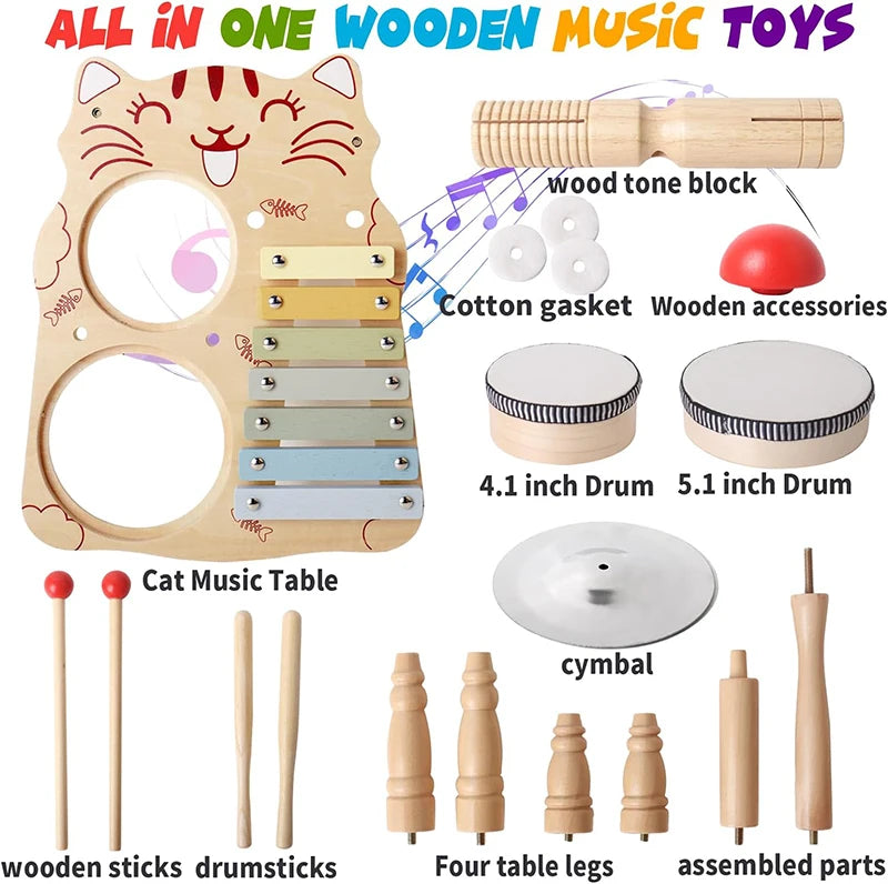 10-in-1 Wooden Musical Toy Drum Set and Xylophone