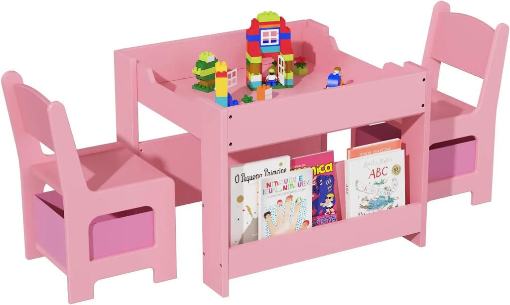 Multifunctional 4-in-1 Kids Table and Chair Set: Activity Desk with 2 Chairs, Removable Tabletop, Storage Drawers & Bookshelf, Ideal for Painting, Crafting, Reading & Playing, Toddler Playroom Furniture, Sturdy Design, 3PCS