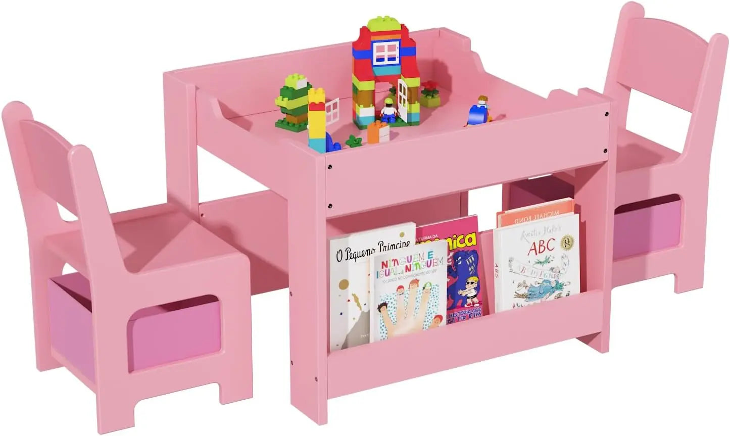 Multifunctional 4-in-1 Kids Table and Chair Set: Activity Desk with 2 Chairs, Removable Tabletop, Storage Drawers & Bookshelf, Ideal for Painting, Crafting, Reading & Playing, Toddler Playroom Furniture, Sturdy Design, 3PCS
