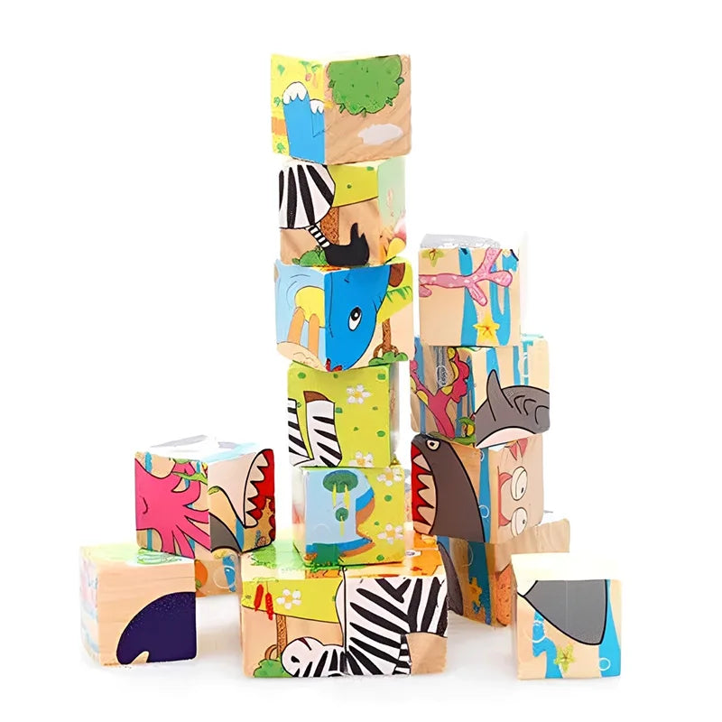 Wooden Puzzle Six Sides Painted Three-Dimensional Traffic Animal Puzzle Building Blocks Montessori Early Education Toys TMZ