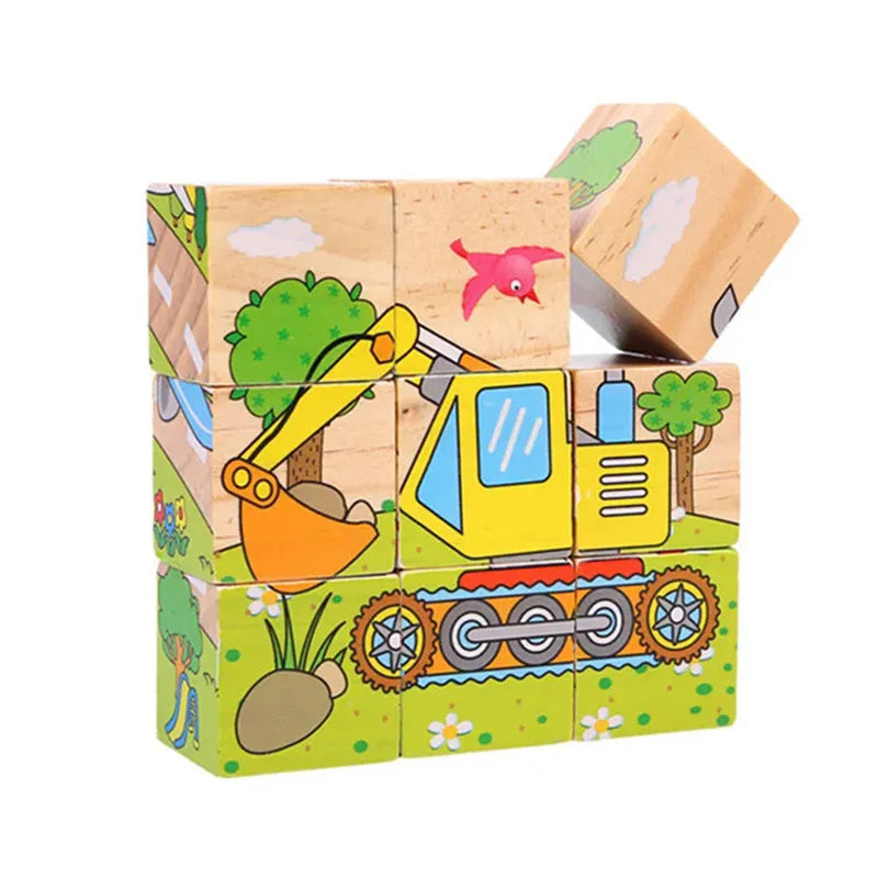 Wooden Puzzle Six Sides Painted Three-Dimensional Traffic Animal Puzzle Building Blocks Montessori Early Education Toys TMZ