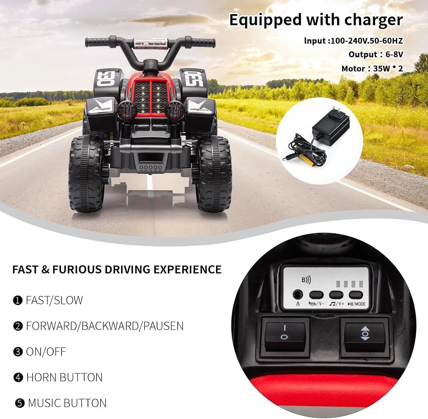 Electric Quad For Children 6V Ride-On Seat Car With LED Lights & Music, Horn, One-Button Start, 1.8 Km/h,  Mini ATV From 3 years