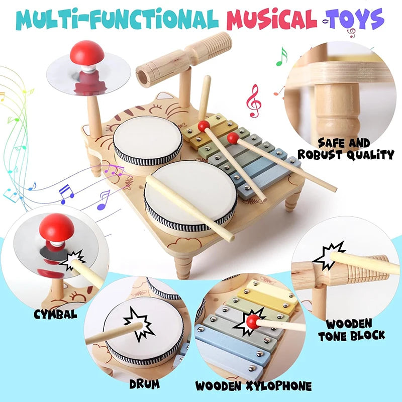 10-in-1 Wooden Musical Toy Drum Set and Xylophone