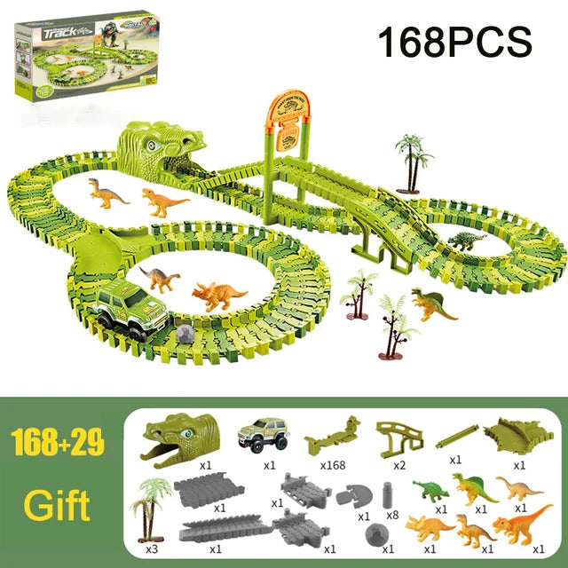 DIY Plastic Racing Track Set Dinosaur Railway Toys Flexible Race Track Electronic Flash Light Car Toys for Children Gifts