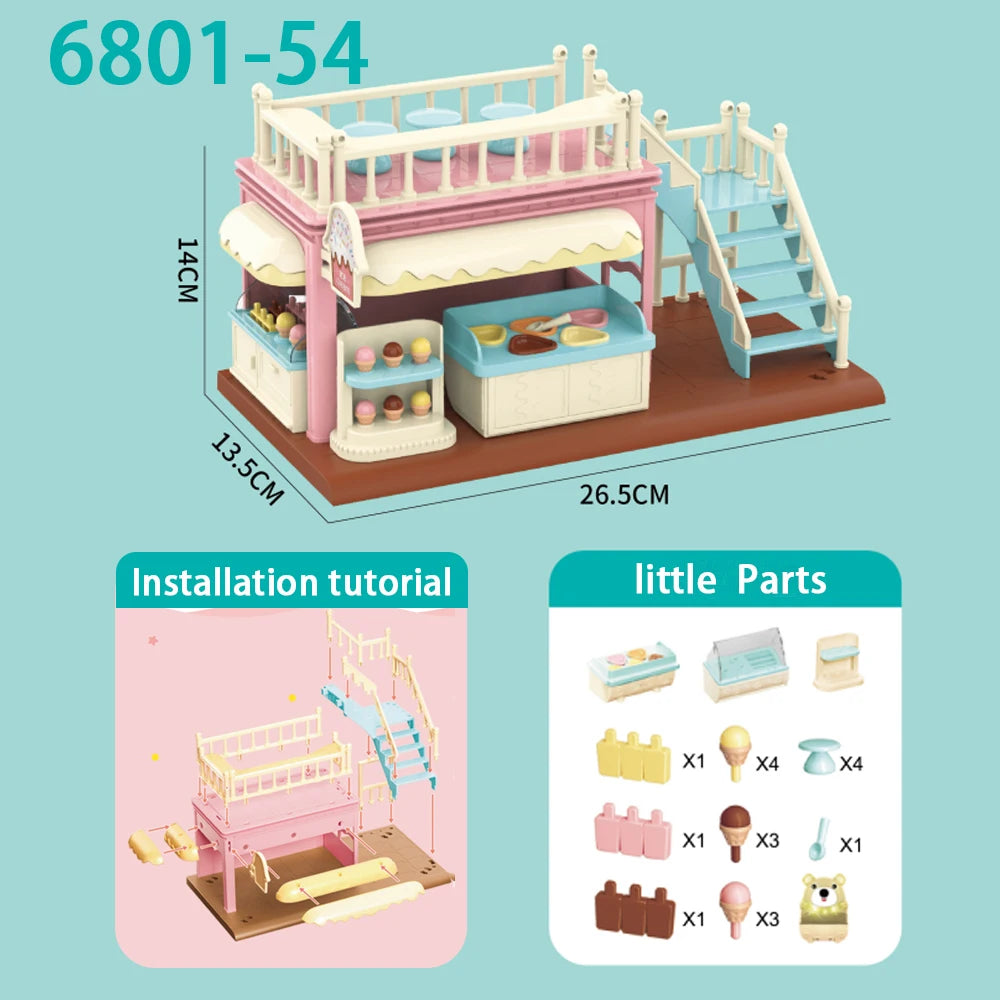 Dollhouse 1:12 Scale Mini Villa Ice Cream Shop Supermarket School Hospital Scene Cottage Model Miniature Furniture Girl Toy Gift