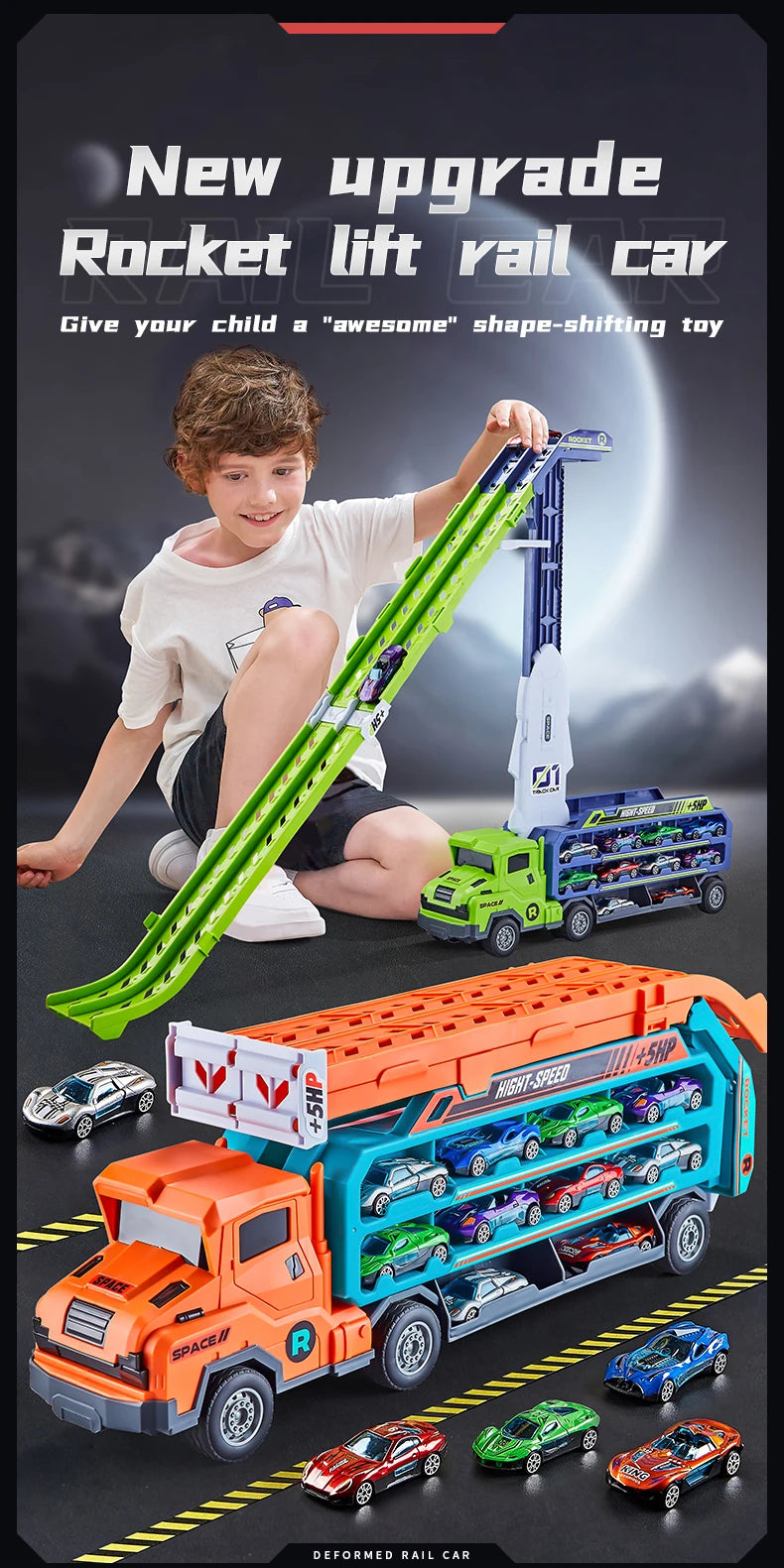 3D Rail Car - Over the Track, High Impact Flying Car - Transformed Inertial Car Puzzle Power Car Toy Set - Alloy Car Toy Set