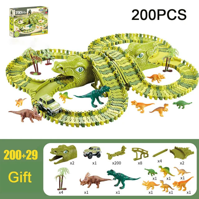 DIY Plastic Racing Track Set Dinosaur Railway Toys Flexible Race Track Electronic Flash Light Car Toys for Children Gifts