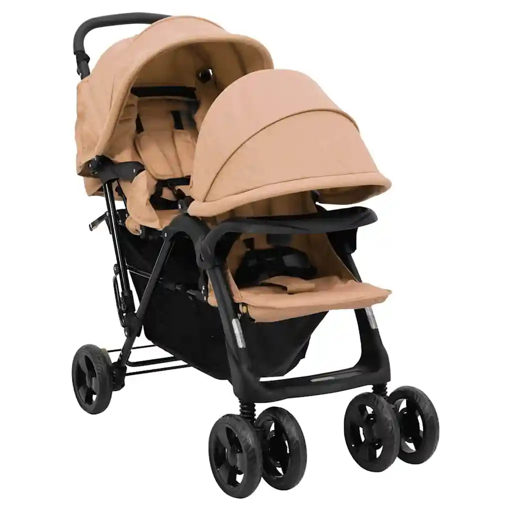 Double Stroller Taupe Steel 122.5 x 53.5 x 111 cm Lightweight Foldable Safe Design Pushchair Compact Travel