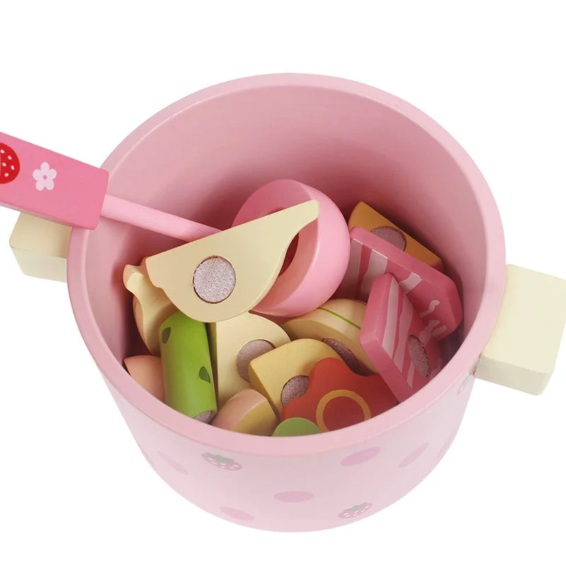 Kids Kitchen Toys Mother Garden Strawberry Simulation Vegetable Hot Pot Kitchen Prentend Play Food Set Wooden Toy for Girls Gift