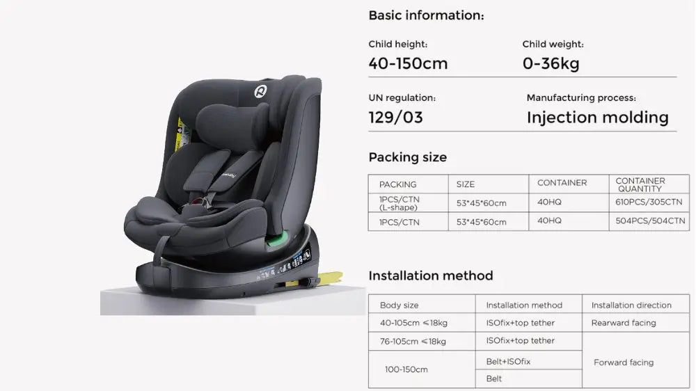 Child seat 360° ISOFIX rotating baby car seat, ECE R129/0-36 kg/0-12 years, 5-point seat belt