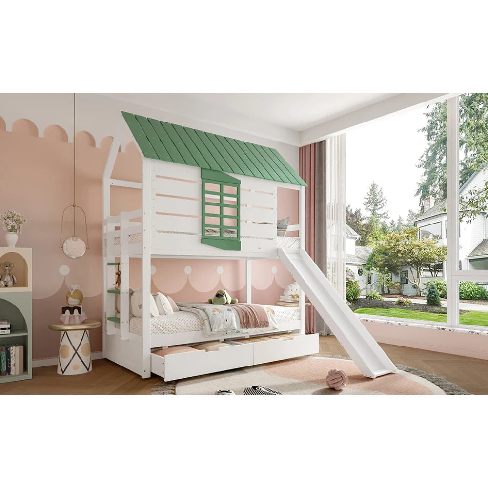 90X200 White and Green Bedroom Bunk Bed with Slide and Pull-Out Bed,without A Mattress