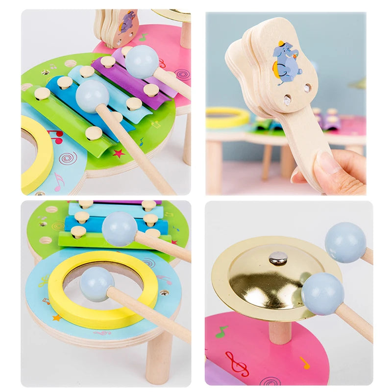 10-in-1 Wooden Musical Toy Drum Set and Xylophone