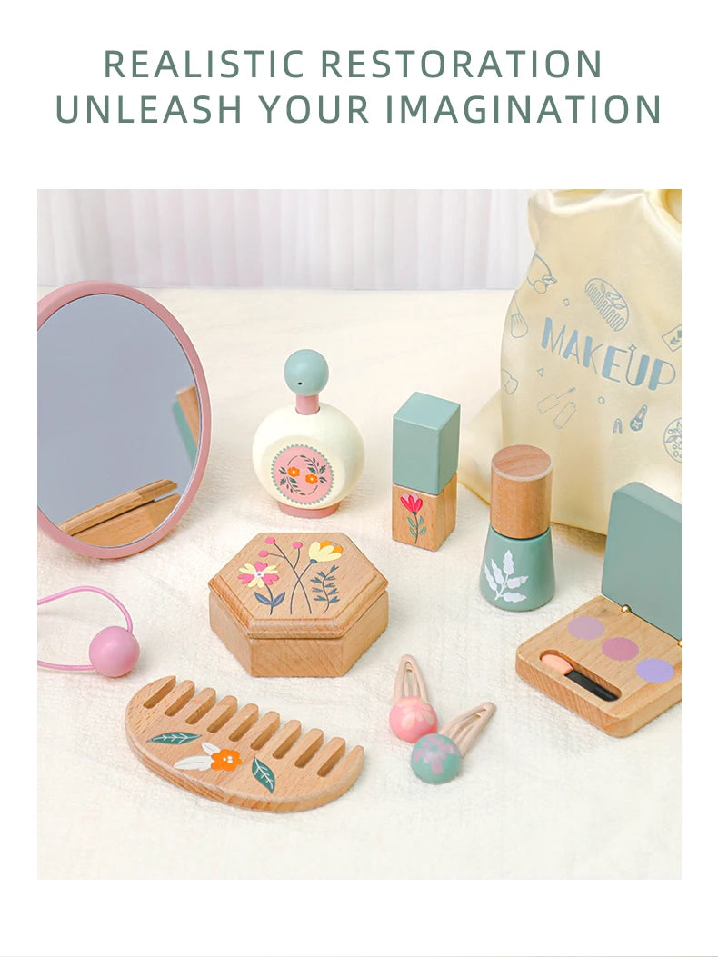 Wooden Beauty Salon Play Set Wooden Makeup Set Girls MakeUp Dressing Table Cosmetics Toys Birthday Gifts For Children