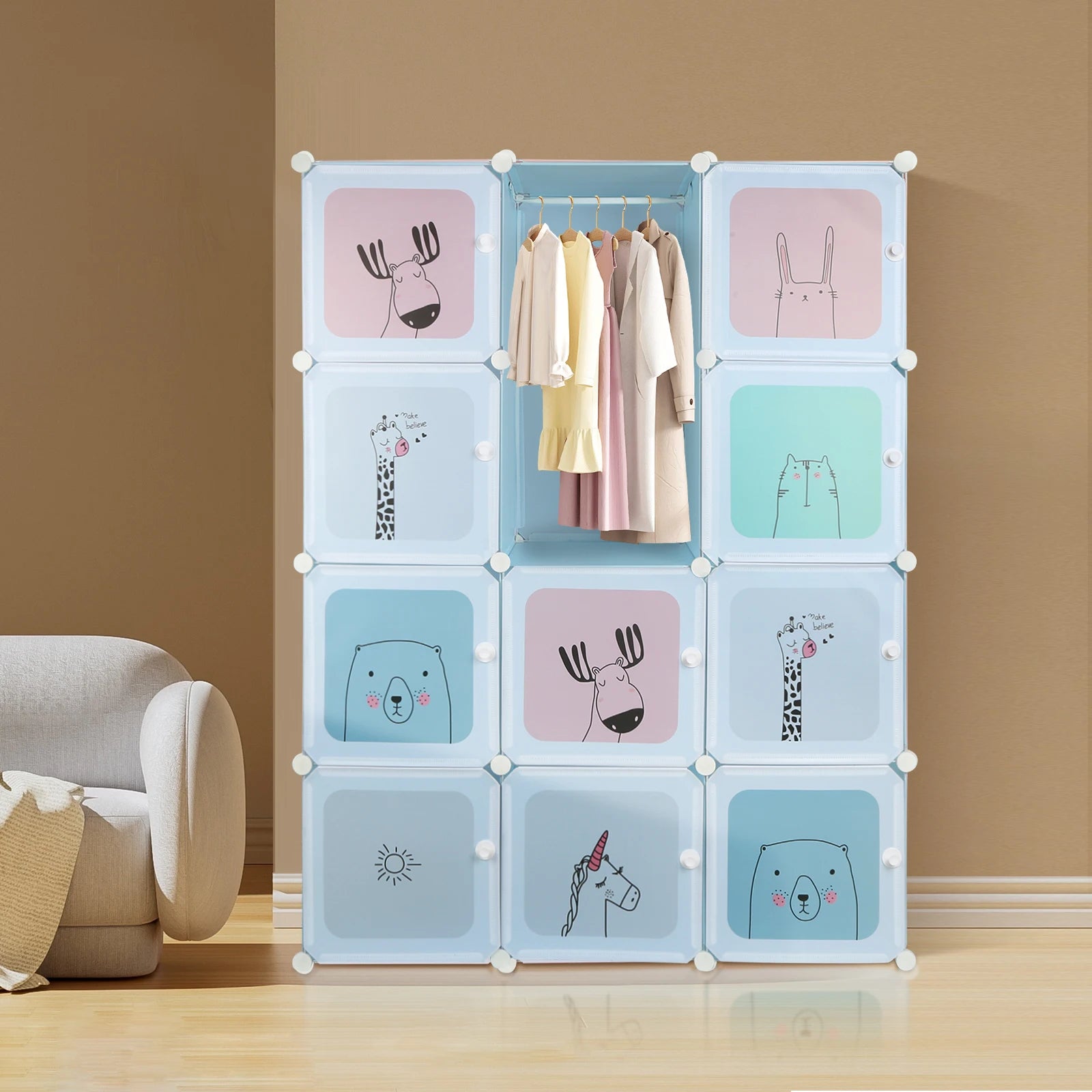 Modular child cabinet with 12 pink/blue polypropylene cubes