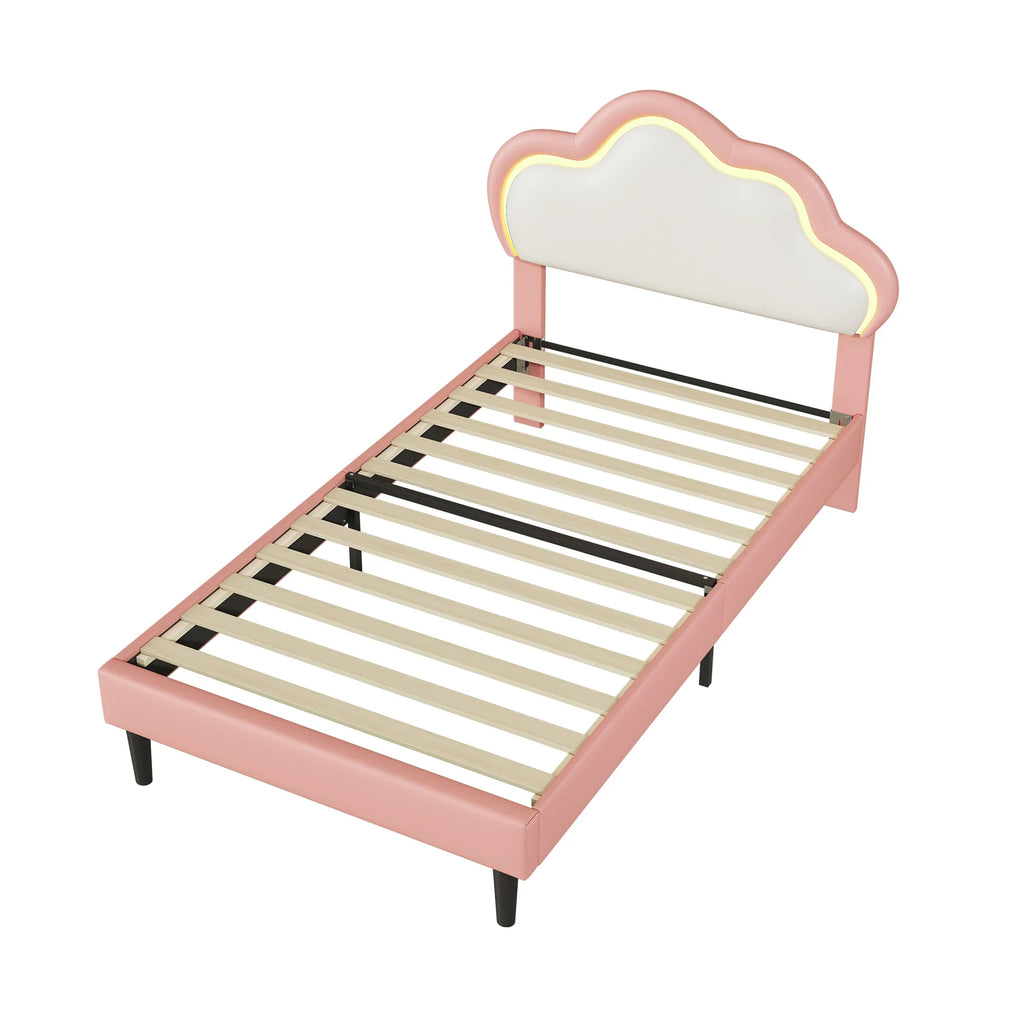 Children's Single Bed 90x200cm Upholstered bed for girls with LED,height-adjustable headboard in clouds shape,slatted Frame,PU