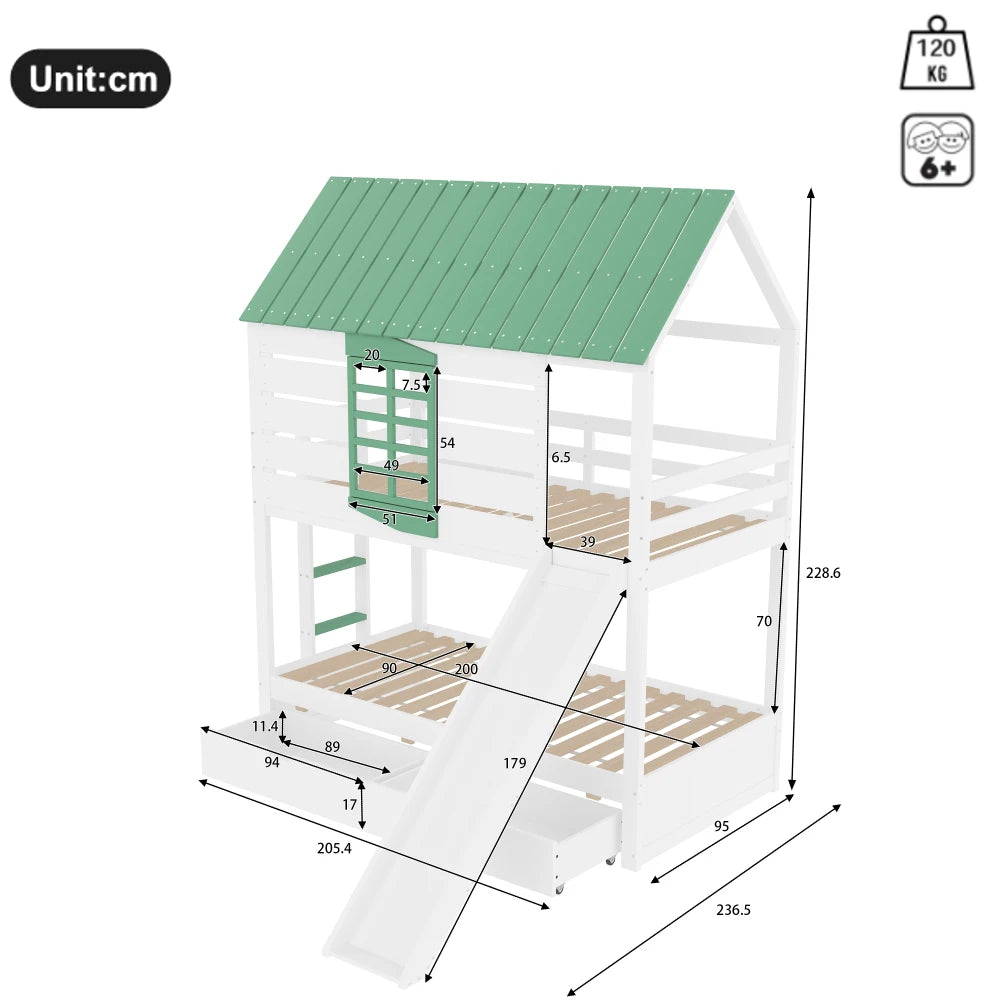 90X200 White and Green Bedroom Bunk Bed with Slide and Pull-Out Bed,without A Mattress