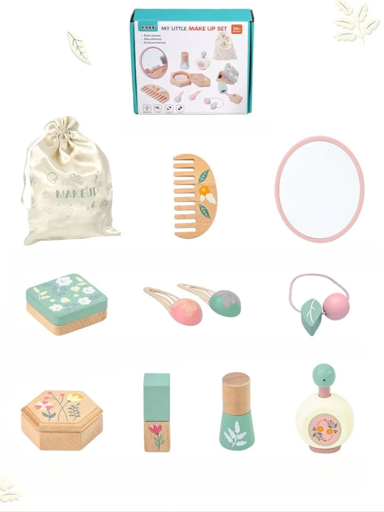 Wooden Beauty Salon Play Set Wooden Makeup Set Girls MakeUp Dressing Table Cosmetics Toys Birthday Gifts For Children