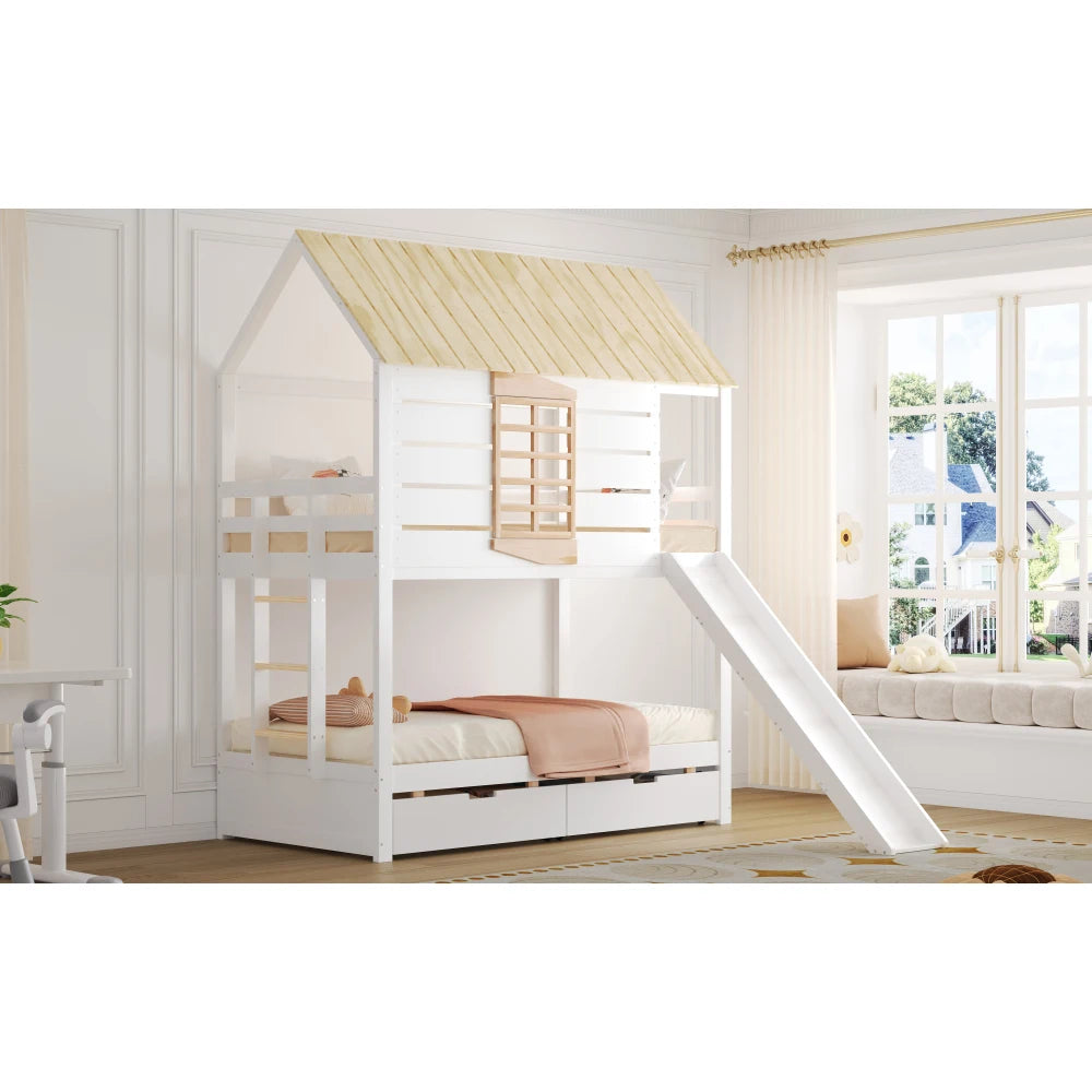 90X200 White and Green Bedroom Bunk Bed with Slide and Pull-Out Bed,without A Mattress