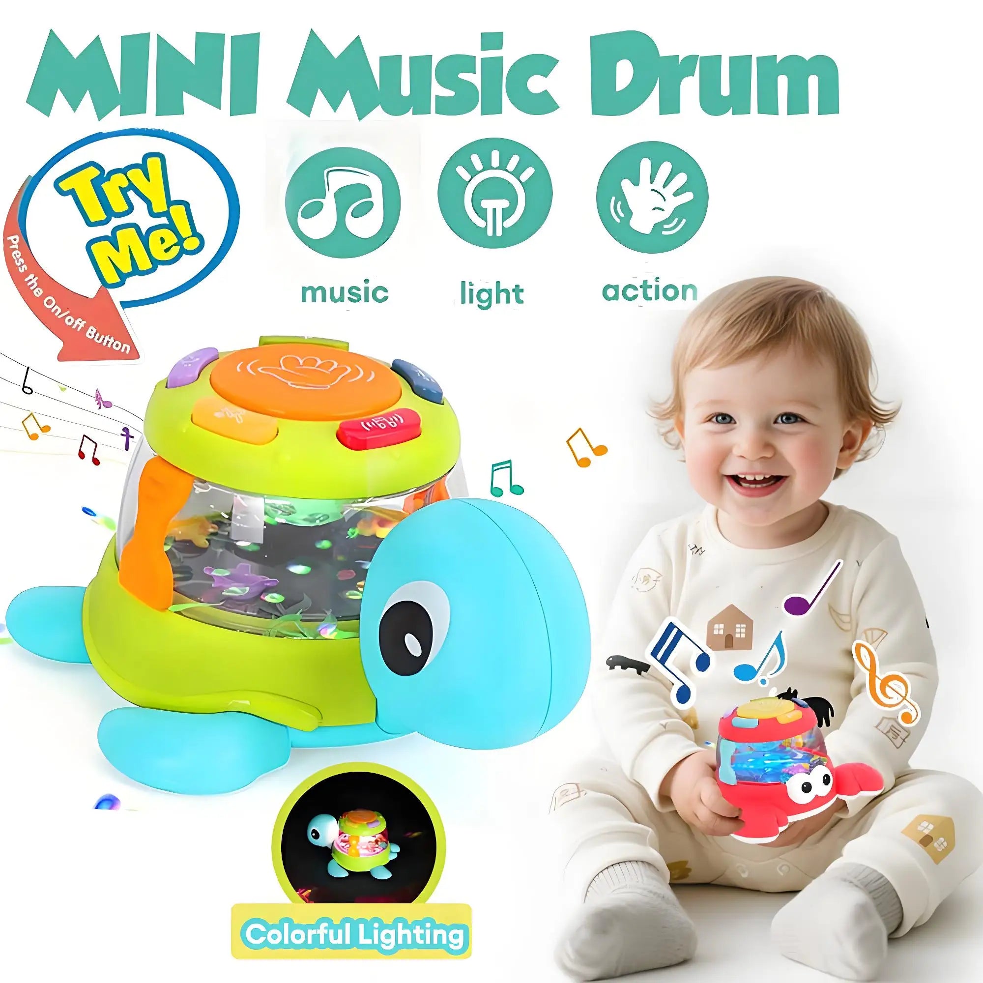 Mini Crab Turtle Music Hand Drum - Baby Learning Toy with Lights
