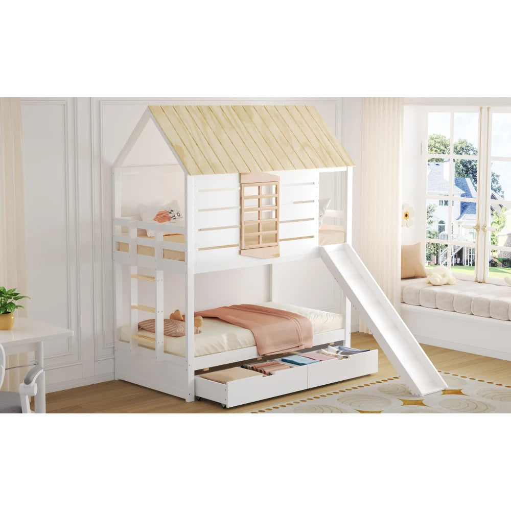 90X200 White and Green Bedroom Bunk Bed with Slide and Pull-Out Bed,without A Mattress