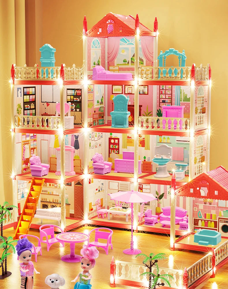 DIY Popular Toy 3d Assembly Mini Toy House Accessories Villa Princess Castle Led Lights Girl Birthday Gift Assembly Toy House