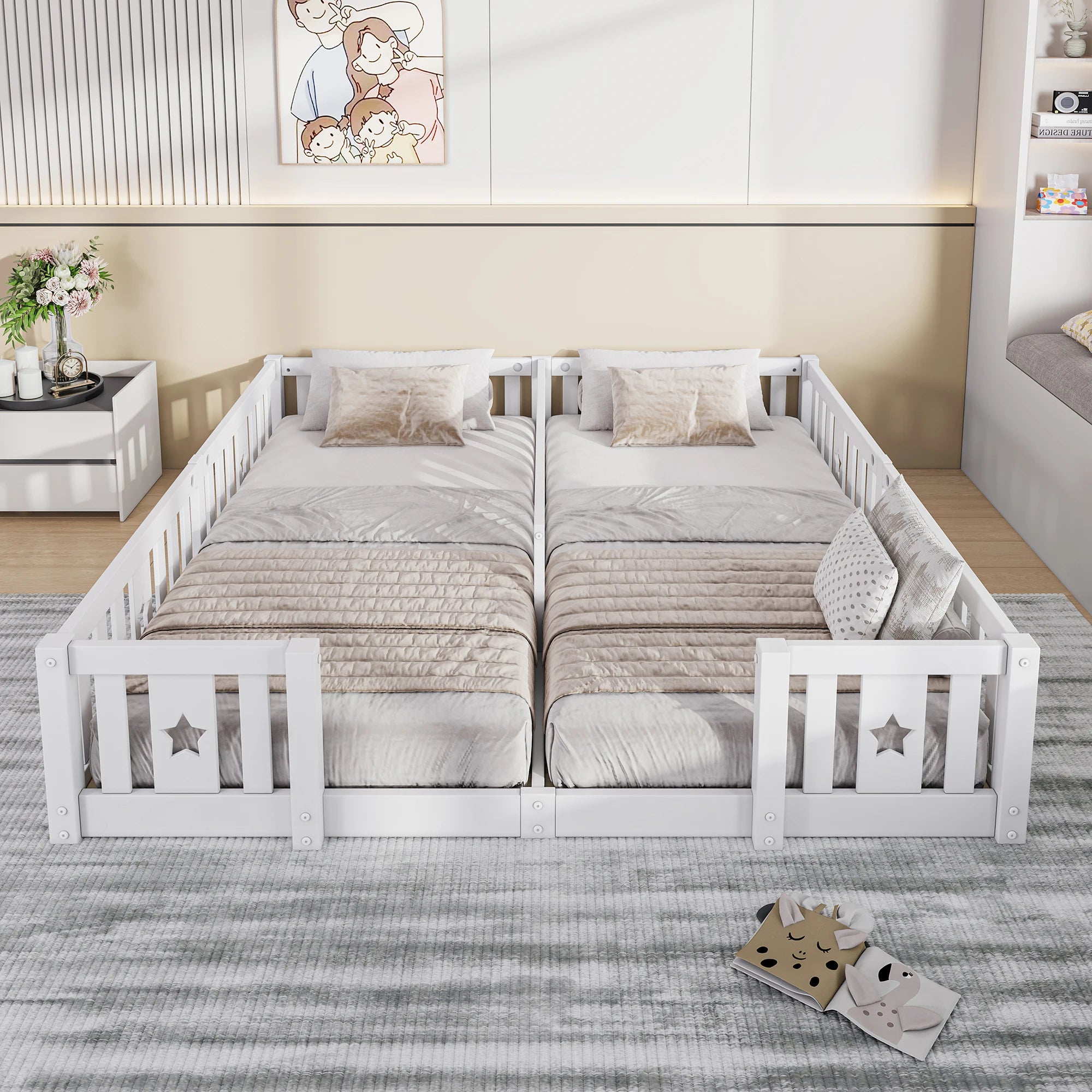 Rosahqnda Solid Floor Bed 180x200cm,Children's Bed with Slats & Star Pattern,Modern Kids Room Furniture,White/Gray