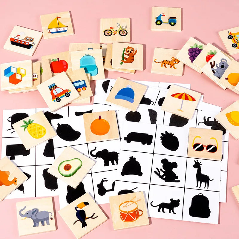 Wooden Montessori Shadow Matching Puzzle - Animal & Fruit Shape Toy