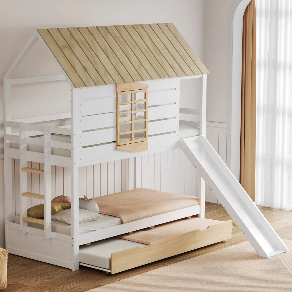 90X200 White and Green Bedroom Bunk Bed with Slide and Pull-Out Bed,without A Mattress