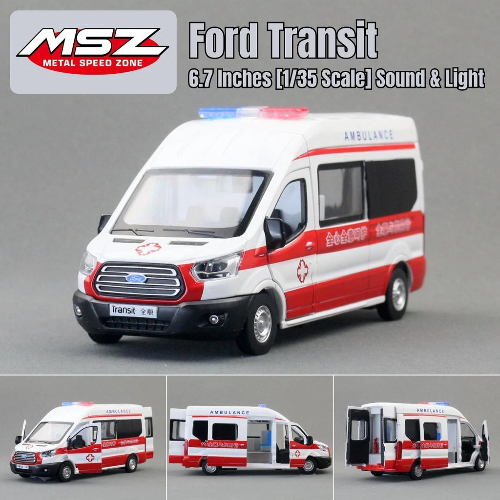 1/35 Ford Transit Ambulance Toy Car For Children Diecast Model Vehicle Miniature Pull Back Sound & Light Collection Gift Boy Kid