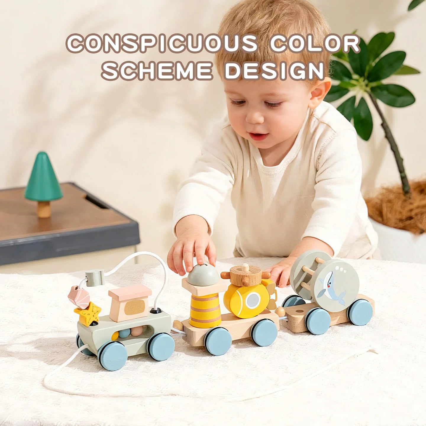 BizyKoady Wooden Stacking Train - Montessori Toddler Toy Set