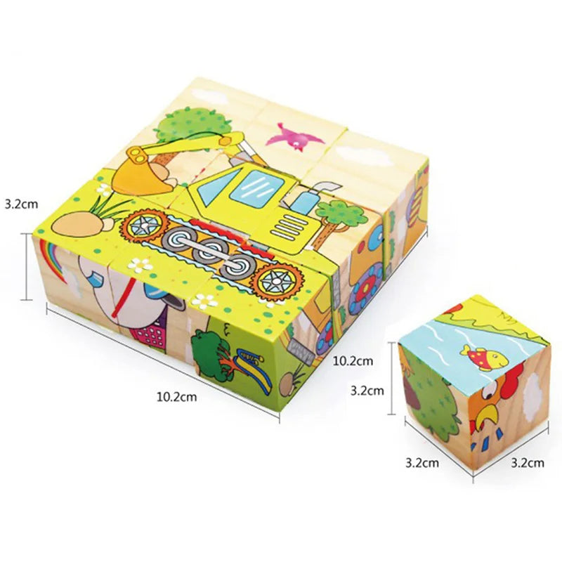 Wooden Puzzle Six Sides Painted Three-Dimensional Traffic Animal Puzzle Building Blocks Montessori Early Education Toys TMZ