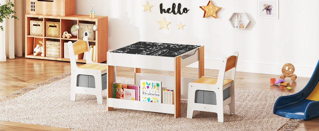 Multifunctional 4-in-1 Kids Table and Chair Set: Activity Desk with 2 Chairs, Removable Tabletop, Storage Drawers & Bookshelf, Ideal for Painting, Crafting, Reading & Playing, Toddler Playroom Furniture, Sturdy Design, 3PCS
