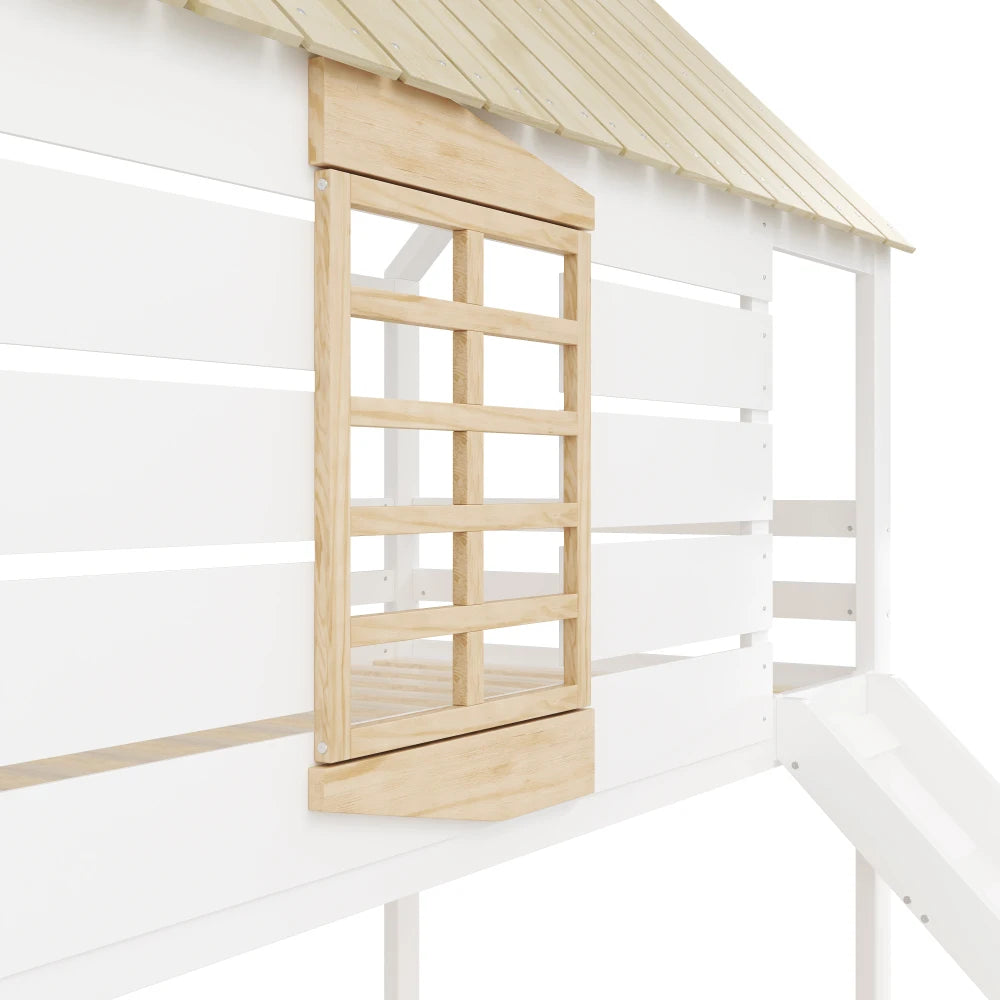 90X200 White and Green Bedroom Bunk Bed with Slide and Pull-Out Bed,without A Mattress